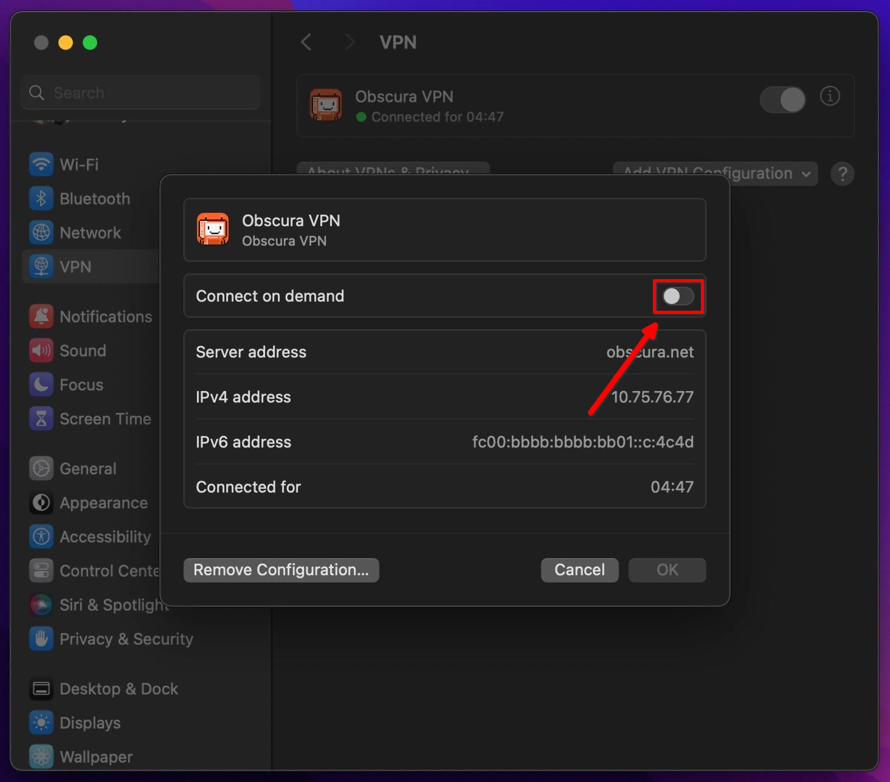 Connect on demand pop-up in VPN settings