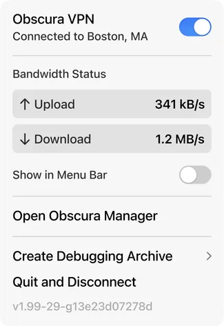 Obscura VPN app interface