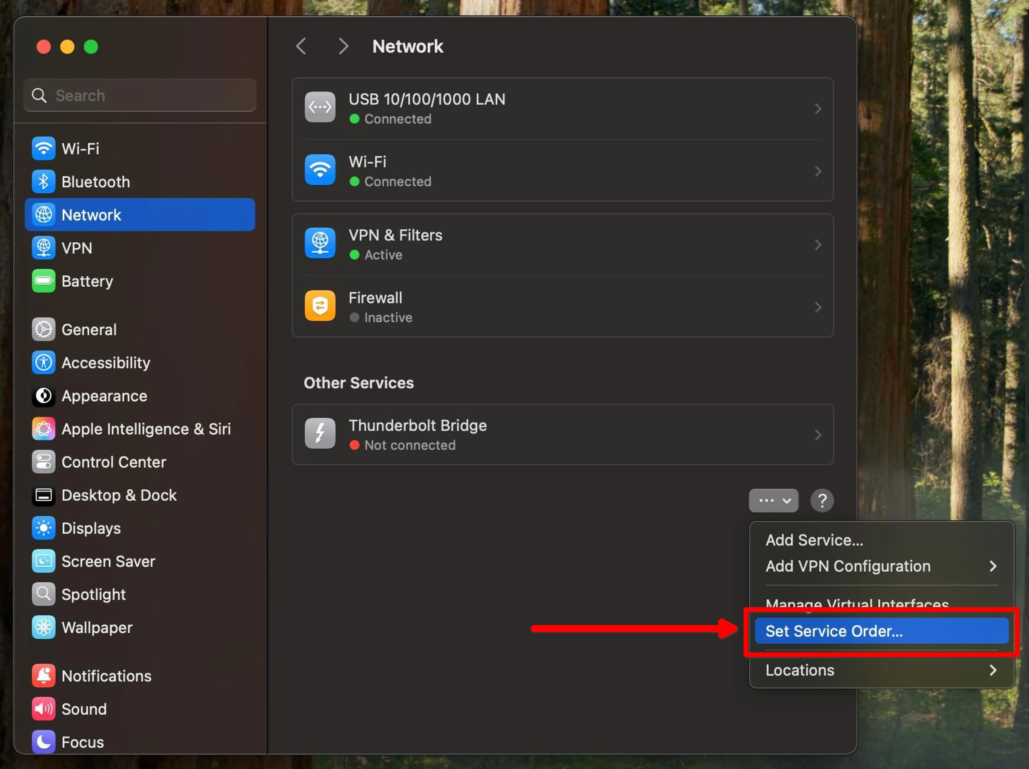 Dropdown menu with Set Service Order selected