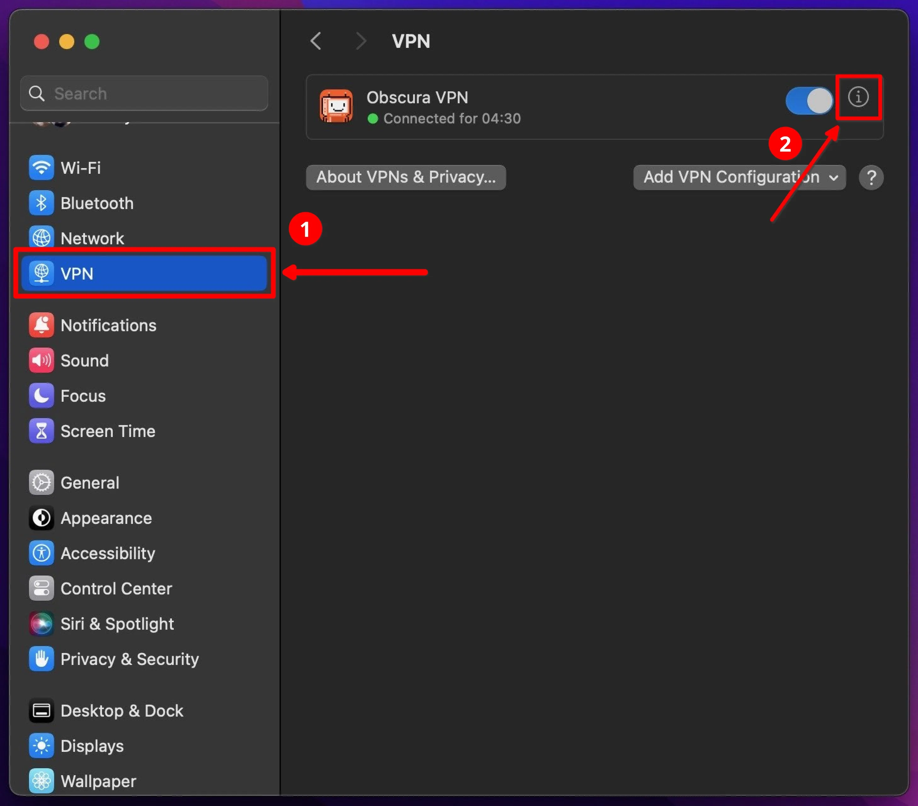 Main VPN page in MacOS settings